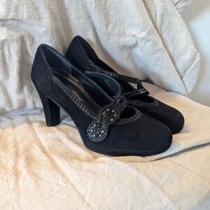 Umberto Raffini Black Suede Mary Jane Block Heels Snakeskin Trim 6961 Womens 37